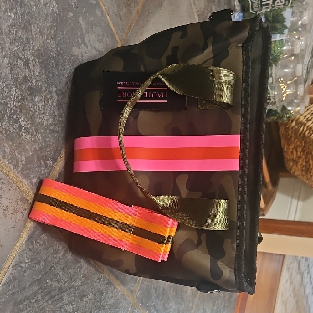 Haute Shore Camouflage Tote with Pink and Orange Stripes